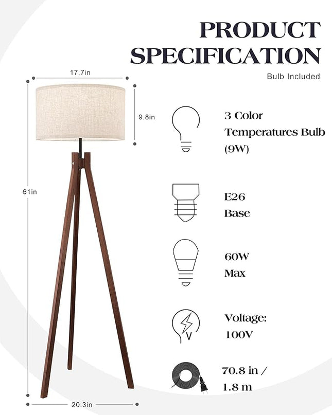 ELYONA Wood Tripod Floor Lamp, Mid Century Reading Standing Lamp with 3 Color Temperatures & Linen Shade, Modern Night Light for Bedroom, Farmhouse, Living Room, Office, 9W LED Bulb Included, Brown - LeafyLoom