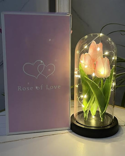 LED Tulip Lamp Artificial Flower Night Light Handmade Light up Tulips in Glass Dome Table Lamp Ornaments Desktop Decor - Battery Operated (Pink) - LeafyLoom