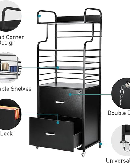 Vertical File Cabinet, 2 Drawer Mobile Filing Cabinet with 3 Bookshelf, Printer Stand with Open Storage Shelves Fits A4/Letter/Legal Size File Cabinets for Home Office Organizer, Black - LeafyLoom
