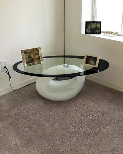 Fab Glass and Mirror CTW-FAB3000 High Gloss Coffee Oval Tempered Glass Top End Side Table, White - LeafyLoom