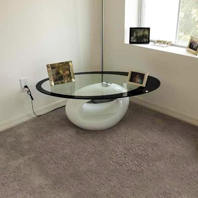 Fab Glass and Mirror CTW-FAB3000 High Gloss Coffee Oval Tempered Glass Top End Side Table, White - LeafyLoom
