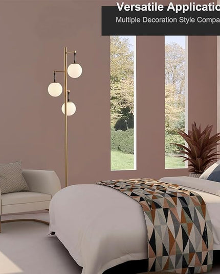 Modern Gold Globe Floor Lamp with 3 Frosted Orb Glass Shade and 3000K LED Bulbs, Mid Century Standing Lamp, Farmhouse Retro Tall Lamp for Living Room Bedroom - LeafyLoom