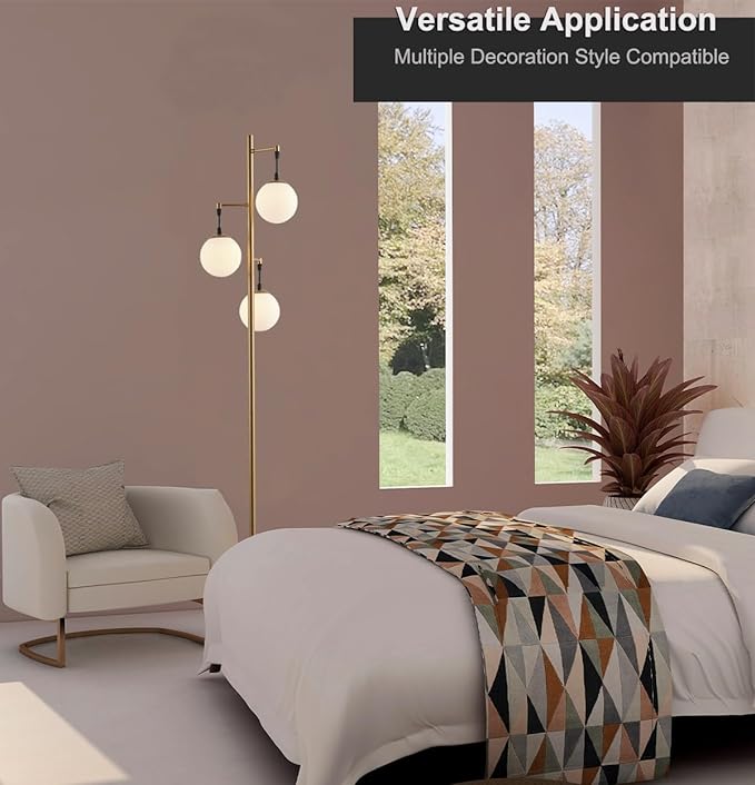 Modern Gold Globe Floor Lamp with 3 Frosted Orb Glass Shade and 3000K LED Bulbs, Mid Century Standing Lamp, Farmhouse Retro Tall Lamp for Living Room Bedroom - LeafyLoom