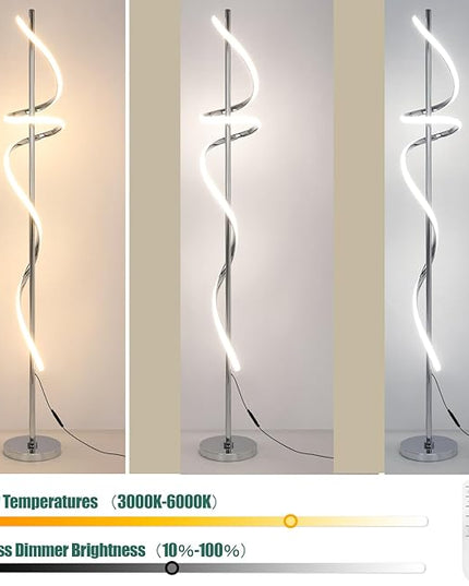 LED Modern Floor Lamp for Living Room,60" Spiral Floor Lamps with Remote Control,48W 3 Colors Stepless Dimmable Floor Standing Lamp Reading Corner Floor Tall Lamp for Bedroom Office - Chrome - LeafyLoom