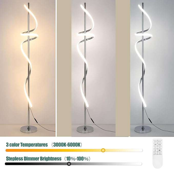 LED Modern Floor Lamp for Living Room,60" Spiral Floor Lamps with Remote Control,48W 3 Colors Stepless Dimmable Floor Standing Lamp Reading Corner Floor Tall Lamp for Bedroom Office - Chrome - LeafyLoom