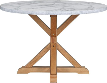 5-Piece Farmhouse Wooden Round Dining Table Set with Marble Sticker Tabletop and 4 Linen Upholstered Chairs for Dinette Room and Kitchen (47.2 inch,White+Walnut), 47.2" L x 47.2" W x 30" H - LeafyLoom