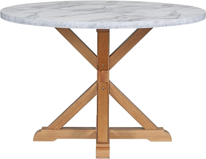 5-Piece Farmhouse Wooden Round Dining Table Set with Marble Sticker Tabletop and 4 Linen Upholstered Chairs for Dinette Room and Kitchen (47.2 inch,White+Walnut), 47.2" L x 47.2" W x 30" H - LeafyLoom