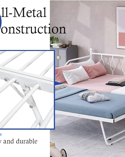 Full Daybed with Trundle, Metal Day Bed with Pull Out Trundle, Sofa Bed with Twin Size Portable Folding Trundle, Bed Frame for Bedroom, Living Room, Guest Room, Home, No Box Spring Needed, White - LeafyLoom