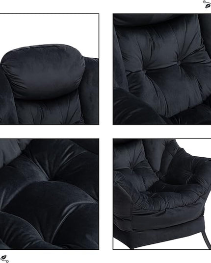 HollyHOME Modern Fabric Large Lazy Chair, Accent Oversized Comfy Reading Chair, Thick Padded Cozy Lounge Chair with Armrest, Steel Frame Leisure Sofa Chair for Living Room, Bedroom, Dorm, Black - LeafyLoom