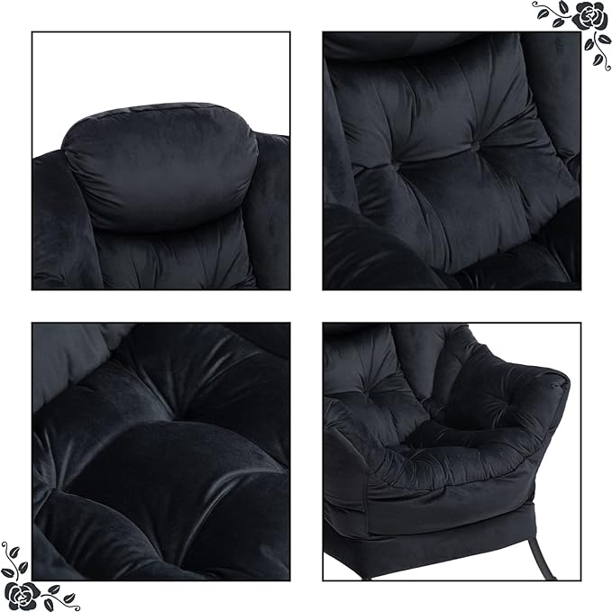 HollyHOME Modern Fabric Large Lazy Chair, Accent Oversized Comfy Reading Chair, Thick Padded Cozy Lounge Chair with Armrest, Steel Frame Leisure Sofa Chair for Living Room, Bedroom, Dorm, Black - LeafyLoom