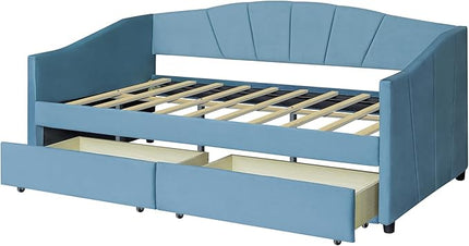 Twin Size Upholstered Daybed with Two Drawers, Wood Slat Support Sofa Bed with Armrest, No Box Spring Needed, Easy to Assemble, for Studio, Bedroom, Living, Guest Room, Blue - LeafyLoom