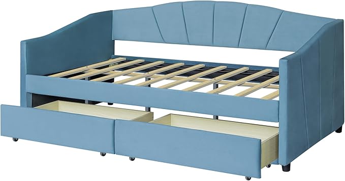 Twin Size Upholstered Daybed with Two Drawers, Wood Slat Support Sofa Bed with Armrest, No Box Spring Needed, Easy to Assemble, for Studio, Bedroom, Living, Guest Room, Blue - LeafyLoom