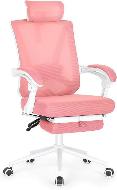 Misolant Ergonomic Office Chair with Footrest, Ergonomic Desk Chair with Adjustable 2D Lumbar Support, High Back Office Chair with Adjustable Headrest, Comfortable Executive Office Chair -Pink - LeafyLoom