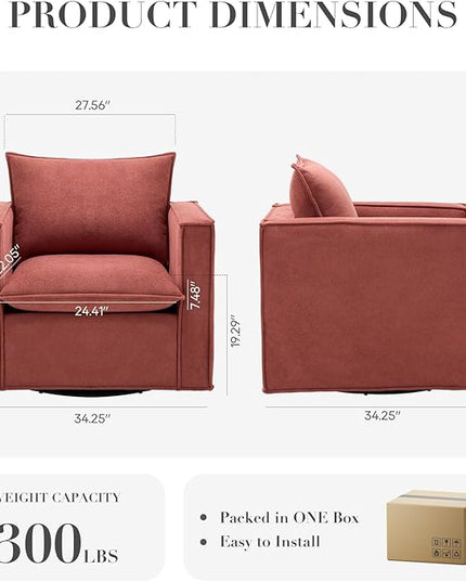 Swivel Accent Chair Set of 2, 34 Inches Wide Upholstered Arm Chair with Plump Back Pillow, Modern Sofa Living Room Chair for Bedroom, Corner, Reading Nook-Red - LeafyLoom