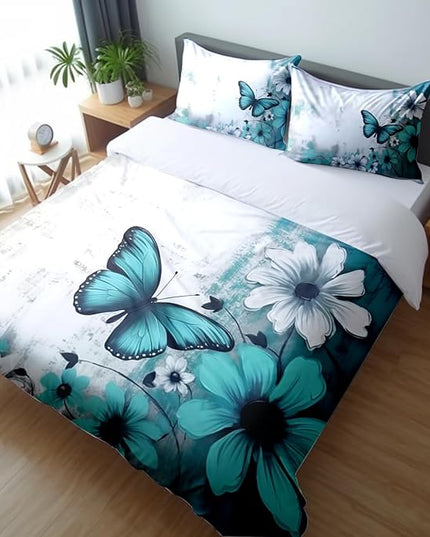Butterfly Flowers Comforter Sets Full Size, Vintage Floral Butterfly Kids Bedding Sets for girls Teens 3 Piece Bedroom Decor - LeafyLoom