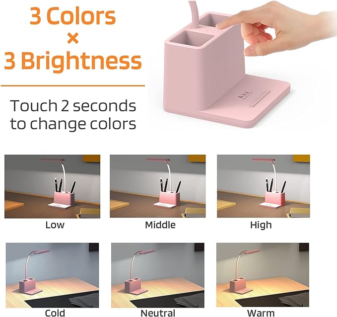 AXX Cute Desk Lamp, Pink Desk Light for Kids, Women, Teen Girls, LED Table Lamp for Bedroom Reading - Small, Rechargeable, Battery Operated, Adjustable - Office Accessories/College Essentials - LeafyLoom