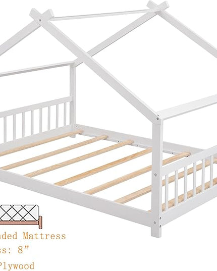 Bellemave Full Montessori Floor Bed Frame, White, Modern Style, No Box Spring Needed, Headboard Included, 275lb Weight Capacity - LeafyLoom
