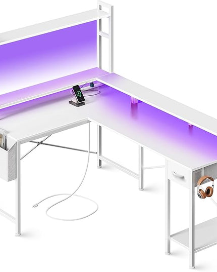 L Shaped Desk Gaming Desk with LED Lights & Power Outlets, Computer Desk with Storage Shelves, Corner Desk Home Office Desks for Bedroom, White - LeafyLoom