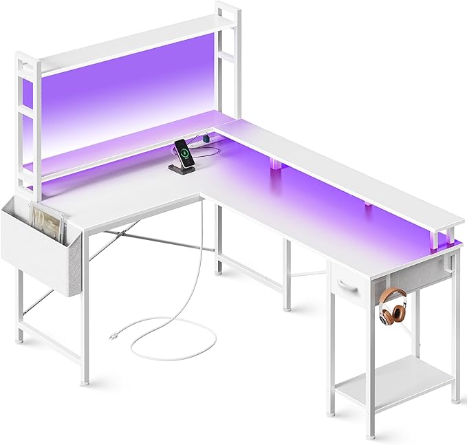 L Shaped Desk Gaming Desk with LED Lights & Power Outlets, Computer Desk with Storage Shelves, Corner Desk Home Office Desks for Bedroom, White - LeafyLoom