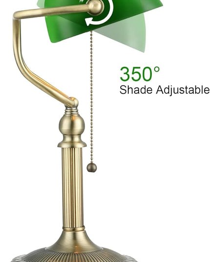 Newrays Green Glass Bankers Desk Lamp with Pull Chain Switch Plug in Fixture,USB Fast Charging Port - LeafyLoom