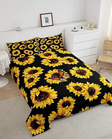 Feelyou Sunflower Bedding Set Girls Yellow Floral Butterfly Comforter Chic Flowers Comforter Set for Kids Teens Botanical Nature Duvet Set Soft Room Decor King Size Boys - LeafyLoom
