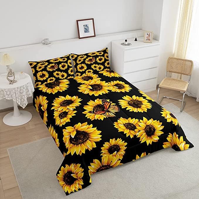 Feelyou Sunflower Bedding Set Girls Yellow Floral Butterfly Comforter Chic Flowers Comforter Set for Kids Teens Botanical Nature Duvet Set Soft Room Decor King Size Boys - LeafyLoom