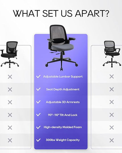 Ergonomic Mesh Office Chair, Mid Back Computer Executive Desk Chair with 3D Armrests, Slide Seat, Tilt Lock and Lumbar Support-Black/Grey - LeafyLoom