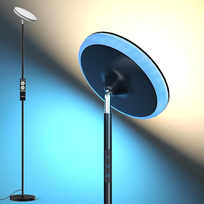Bright Floor Lamp,42W 3700LM LED Torchiere Floor Lamps for Living Room, 71in. Modern Tall Standing Lamp with Remote,Color & Brightness Dimmable Sky Light,1/2/3H Timer for Bedroom,Office-Black - LeafyLoom