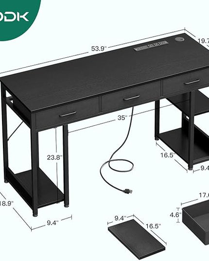 AODK 55 Inch Gaming Desk with Fabric Drawers & Power Outlets, Computer Desk with Storage Shelves & CPU Stand, Gamer Table, Study Desk with Type-C & USB, Writing Desk for Bedroom, Black - LeafyLoom