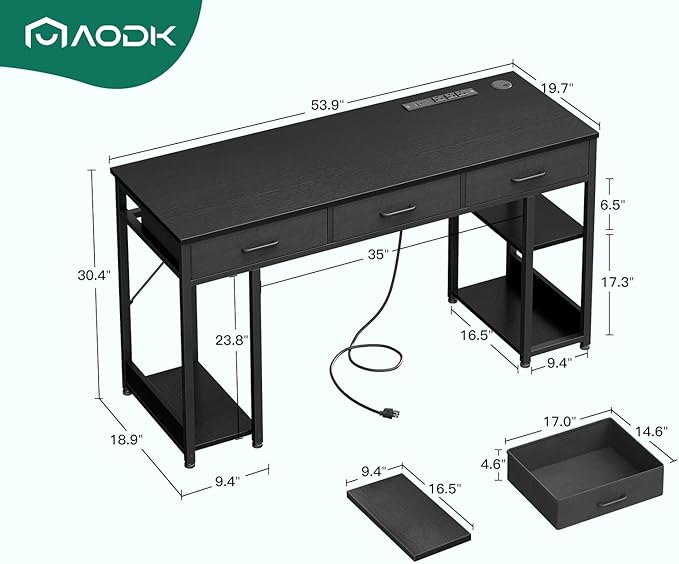 AODK 55 Inch Gaming Desk with Fabric Drawers & Power Outlets, Computer Desk with Storage Shelves & CPU Stand, Gamer Table, Study Desk with Type-C & USB, Writing Desk for Bedroom, Black - LeafyLoom