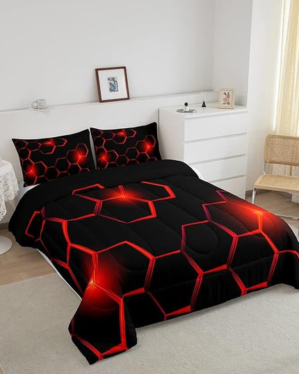 Honeycomb Kids Comforter Set Modern Geometry Hexagon Bedding Set for Boys Children Teens Bedroom Decor Geometrical Comforter Beehive Geometric Black Red Duvet Set Queen Size with 3 Pillow Case - LeafyLoom
