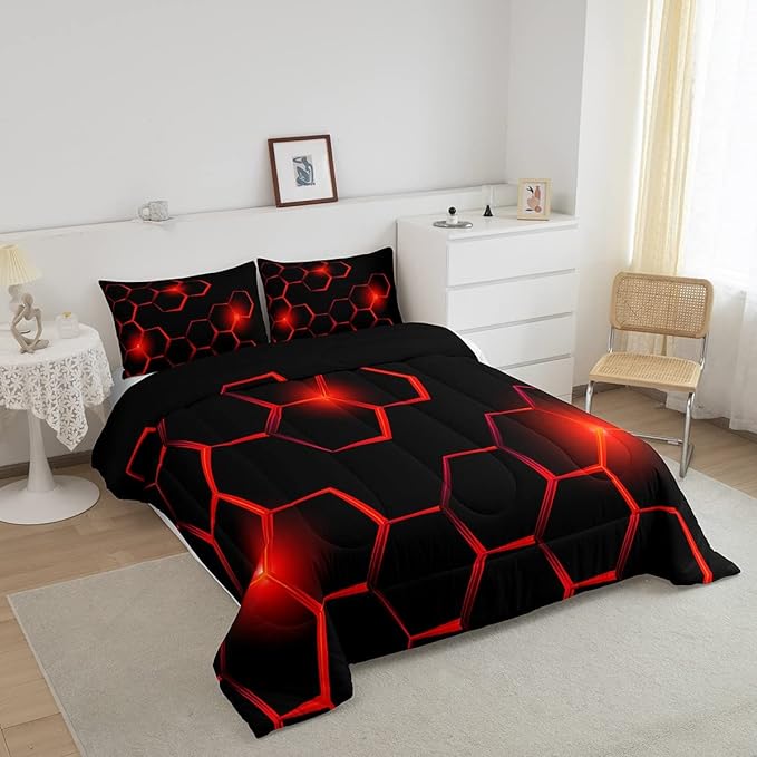 Honeycomb Kids Comforter Set Modern Geometry Hexagon Bedding Set for Boys Children Teens Bedroom Decor Geometrical Comforter Beehive Geometric Black Red Duvet Set Queen Size with 3 Pillow Case - LeafyLoom