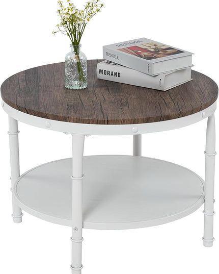 VINGLI 25.6" Dark Walnut White Round Farmhouse Coffee Table, 2-Tier Storage Wood Center Circle Accent Table for Living Room, Bedroom, Apartment, Studio and Small Spaces, Sturdy Metal Frame - LeafyLoom