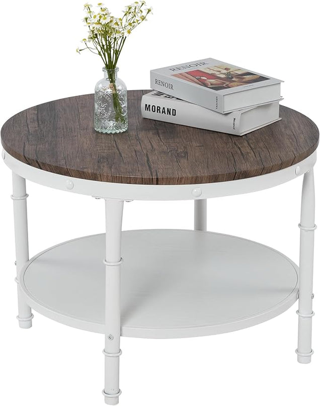 VINGLI 25.6" Dark Walnut White Round Farmhouse Coffee Table, 2-Tier Storage Wood Center Circle Accent Table for Living Room, Bedroom, Apartment, Studio and Small Spaces, Sturdy Metal Frame - LeafyLoom