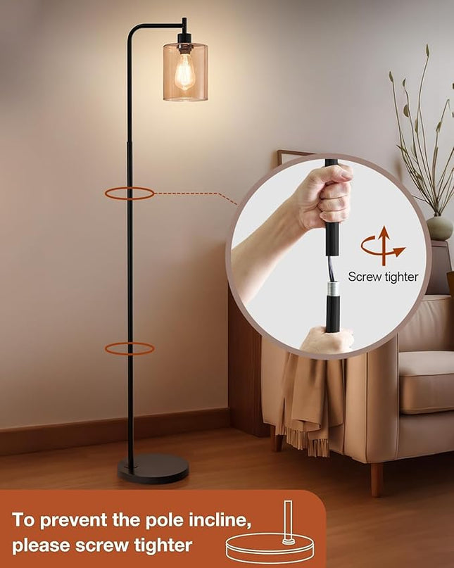 Oneach 66.5 '' Black Floor Lamps for Living Room with Glass Lampshade Tall Floor Lamp with LED Bulb Industrial Standing Lamp for Bedroom - LeafyLoom