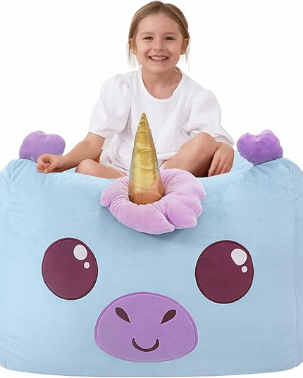 Aubliss Unicorn Stuffed Animal Storage Bean Bag Chair for Kids, Velvet Extra Soft Beanbag Chairs Cover, X-Large Stuffable Zipper Bean Bag for Organizing Plush Toys Girls Bedroom Decor, Blue - LeafyLoom