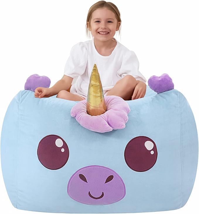 Aubliss Unicorn Stuffed Animal Storage Bean Bag Chair for Kids, Velvet Extra Soft Beanbag Chairs Cover, X-Large Stuffable Zipper Bean Bag for Organizing Plush Toys Girls Bedroom Decor, Blue - LeafyLoom