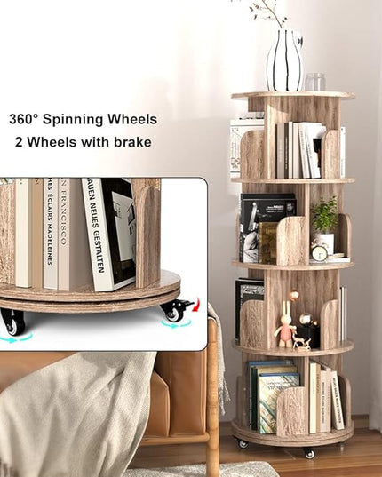 Nidouillet Rotating Bookshelf, 4 Tier Revolving Bookcase with Brake Wheels 360° Display Round Bookshelf Narrow Swivel Corner Book Shelf Standing Bookcase for Adult Bedroom, Living Room (Oak Grey) - LeafyLoom