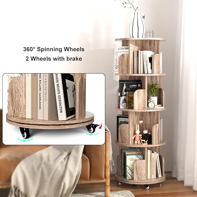 Nidouillet Rotating Bookshelf, 4 Tier Revolving Bookcase with Brake Wheels 360° Display Round Bookshelf Narrow Swivel Corner Book Shelf Standing Bookcase for Adult Bedroom, Living Room (Oak Grey) - LeafyLoom
