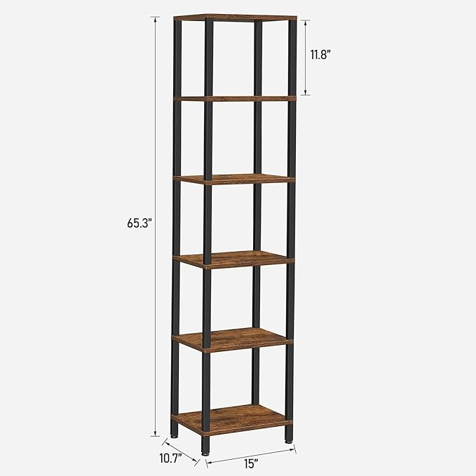 TUTOTAK Bookshelf, 6-Tier Tall Book Shelf, Narrow Bookcase for Small Space, DIY Stackable Bookshelf, for Living Room, Office, Study, Entryway, Industrial, Rustic Brown BS01BB006 - LeafyLoom