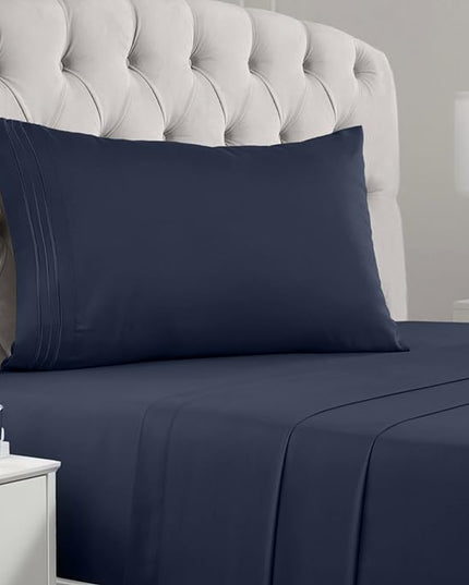 Mellanni Twin XL Sheets Set - 3 PC Iconic Collection Bedding Sheets & Pillowcases - Hotel Luxury, Extra Soft, Cooling Bed Sheets - Deep Pocket up to 16 inch (Twin Extra Long, Navy Blue) - LeafyLoom