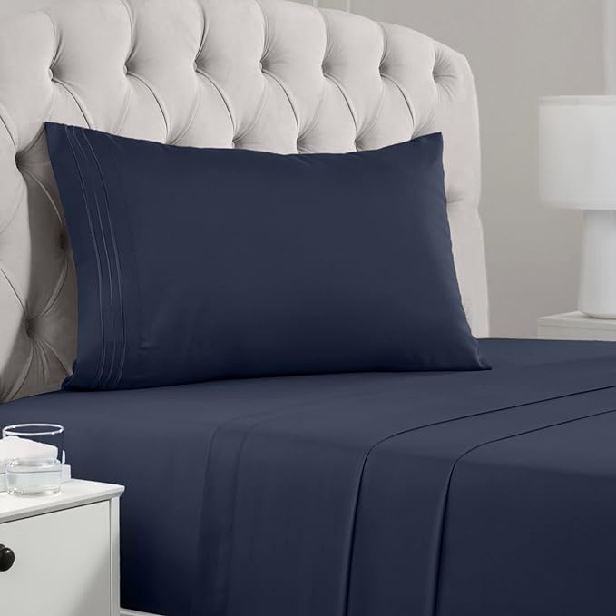 Mellanni Twin XL Sheets Set - 3 PC Iconic Collection Bedding Sheets & Pillowcases - Hotel Luxury, Extra Soft, Cooling Bed Sheets - Deep Pocket up to 16 inch (Twin Extra Long, Navy Blue) - LeafyLoom
