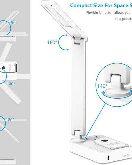 Drevet LED Desk Lamp with Wireless Charger, Desk Table Light with USB Charging Port and 2 Outlets, 3 Lighting Modes, 3 Level Brightness, 1H Timer, Touch Control, Eye-Caring Home Office Lamp, White - LeafyLoom