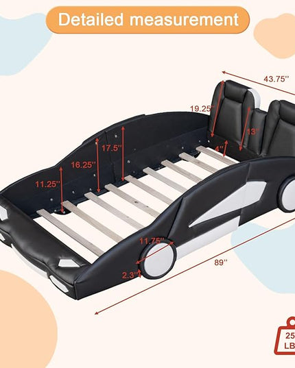 Twin Size Race Car-Shaped Bed Frame for Kids, Wooden Platform Bed with Guardrail and Upholstered Headboard, Wheels and Support Slats, for Boys Girls Child's Bedroom, No Spring Need (Black) - LeafyLoom