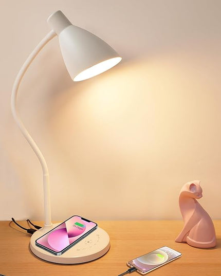 LED Desk Lamp with 15W Wireless Charger & USB Charging Port, 5 Colors, 6 Brightness Dimmable Reading Lamp Eye Care Touch Control Metal Table Lamp Flexible Gooseneck Desk Light for Home Office - LeafyLoom
