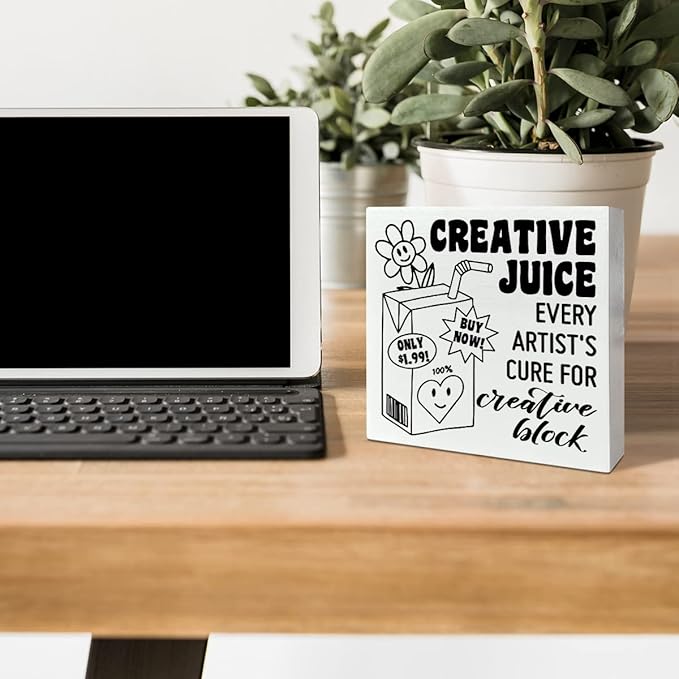 Retro Home Office Desk Wooden Box Sign Decor, Every Artist's Cure for Creative Block, Inspirational Quotes Desk Decor Motivational Desk Decorations for Women Men Student Office Classroom School - LeafyLoom