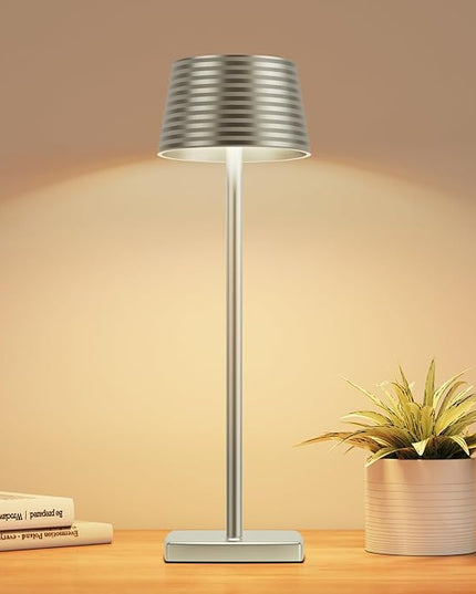 Rechargeable Cordless Table Lamp, Battery 6000mAh Metal Aluminum Housing USB LED Portable Powered Desk Lamp, 3 Levels Brightness Night Light for Restaurants Bars Outdoor (Silver) - LeafyLoom