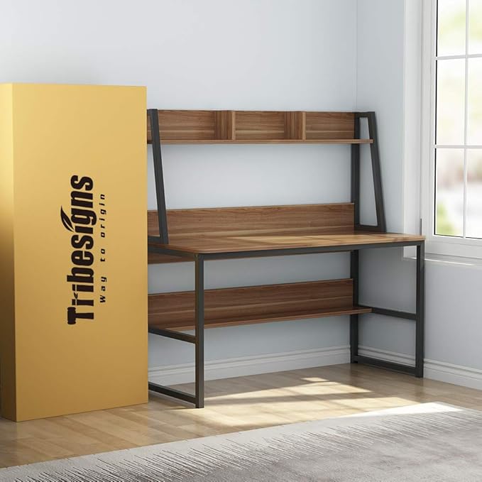 Tribesigns Computer Desk with Hutch, 47 inches Home Office Desk with Space Saving Design with Bookshelf for Small Spaces (Dark Walnut, 47) - LeafyLoom