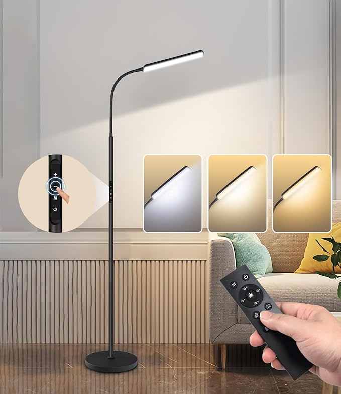 Dimunt LED Floor Lamp, Bright 15W Floor Lamps for Living Room with 1H Timer, Stepless Adjustable 3000K-6000K Colors & Brightness Standing Lamp with Remote & Touch Control Reading Floor Lamps - LeafyLoom