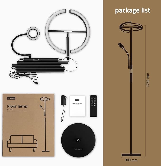 FIMEI Split Floor Lamp with Reading Light, Modern Bright LED Rotatable Standing Lamp with Stepless Dimming and 3000K-6000K Color for Living Room Bedroom Office, Touch and Remote Control, Black - LeafyLoom